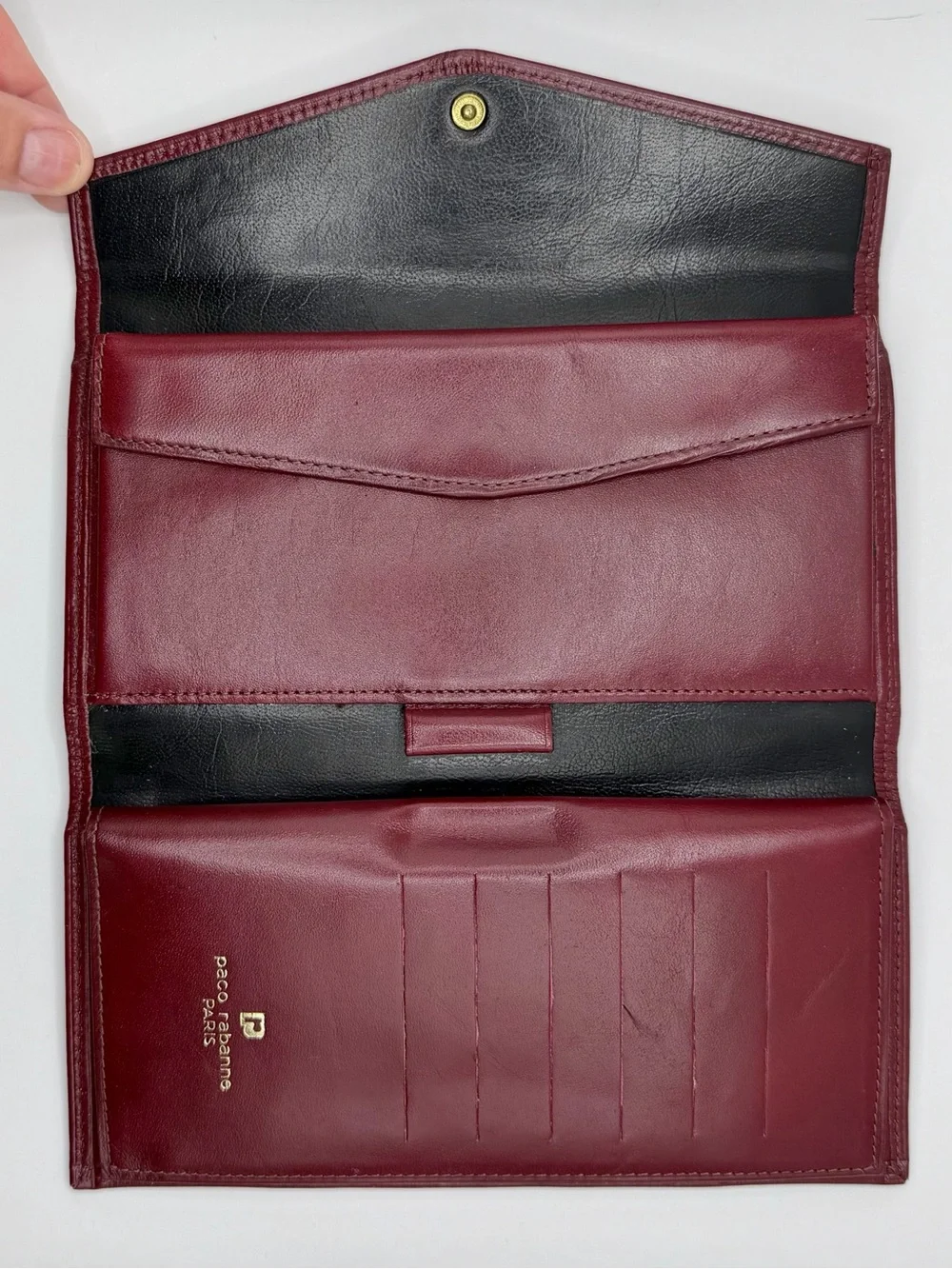 Vintage Paco Rabanne Paris Burgundy Leather Envelope Wallet NIB